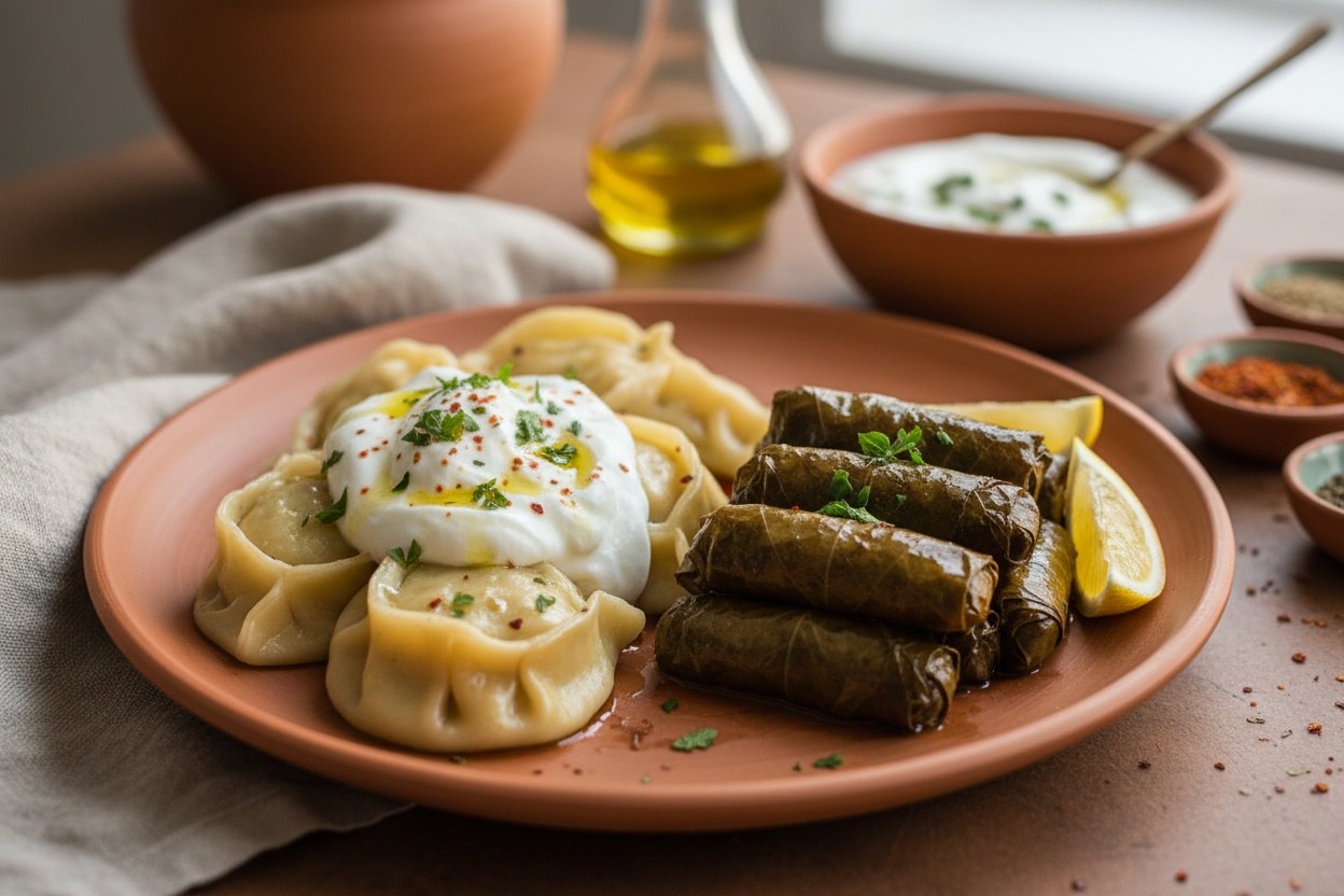 Yoğurtlu mantı ve zeytinyağlı yaprak sarma bir arada sunum