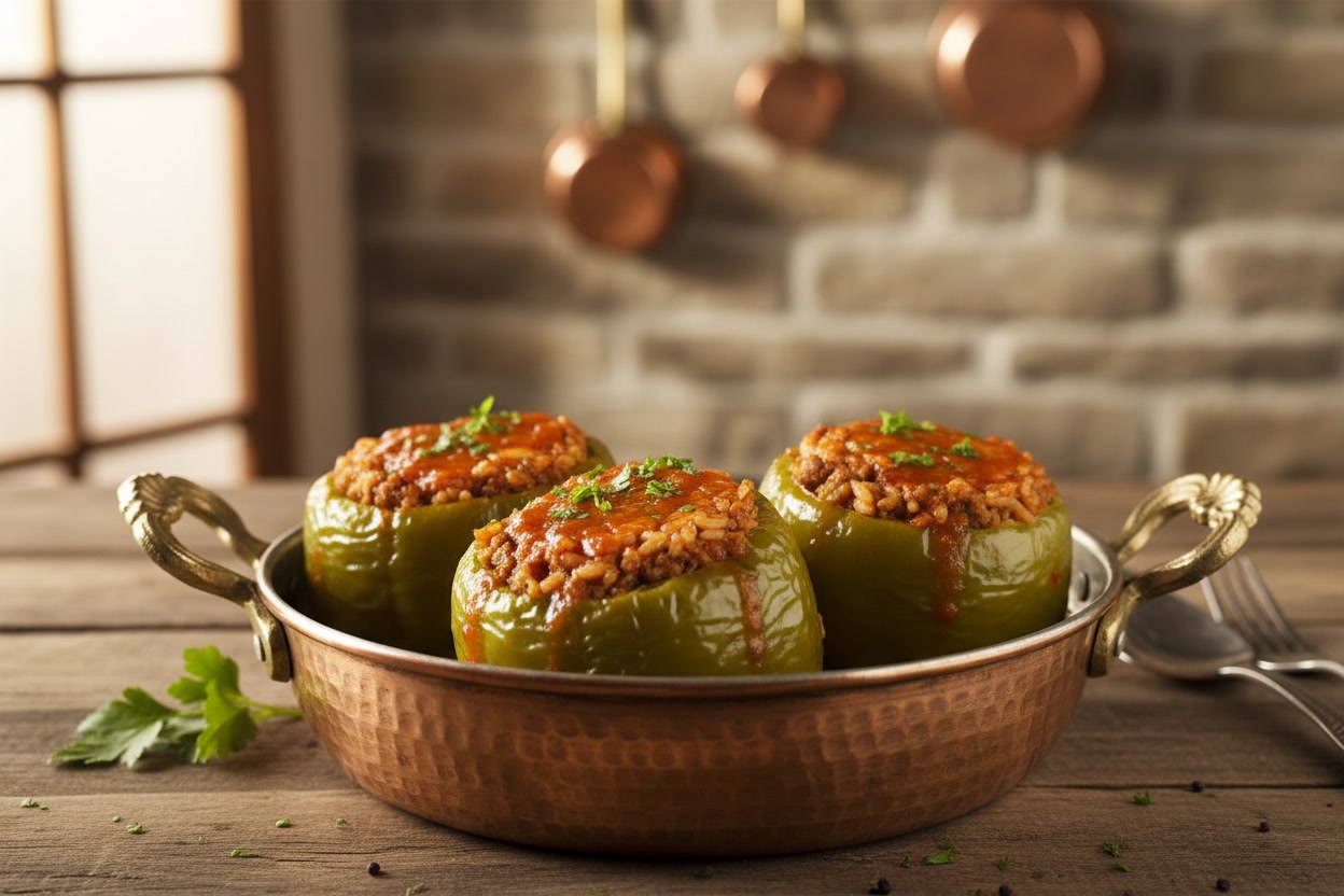 Bakır tencerede kıymalı-pirinçli etli biber dolması