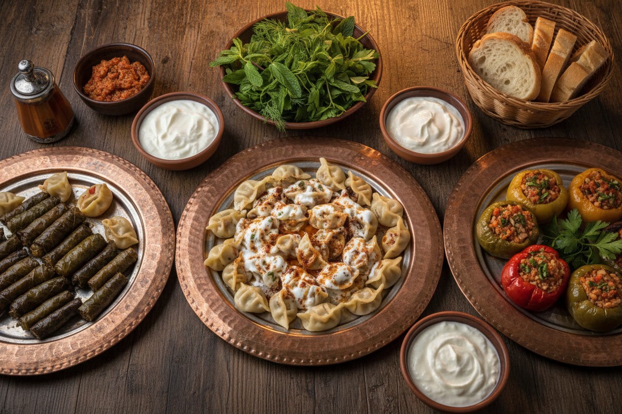 Bakır tabaklarda mantı, sarma ve dolmadan karışık sofra