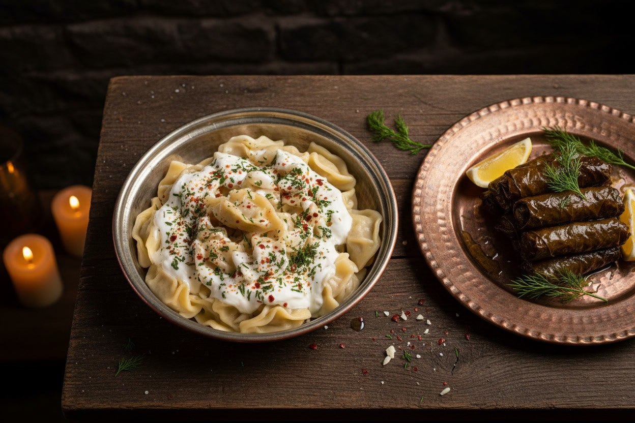 Bakır tabaklarda yan yana mantı ve yaprak sarma